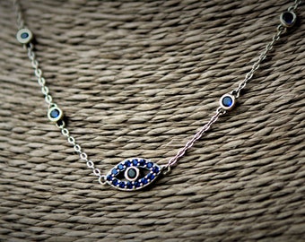 Ancient Eye | Choker Necklace | Cute Choker | Platinum Coated 925 Sterling Silver | Natural Blue Sapphire | Moissanite Diamonds | 25 to 40cm