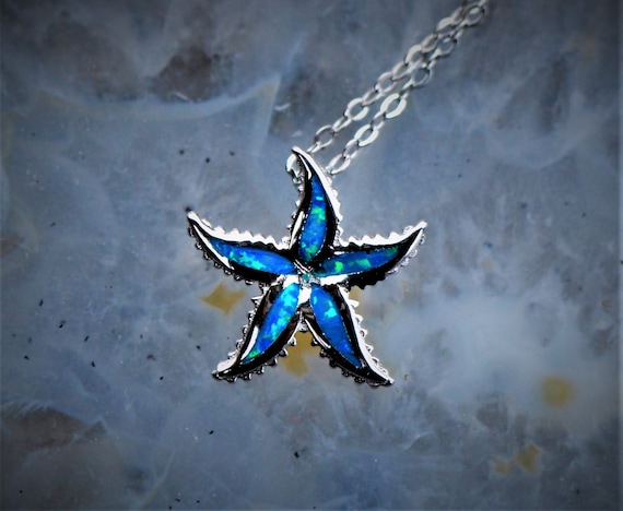 Blue Opal Starfish Necklace Made Platinum Coated Sterling Silver