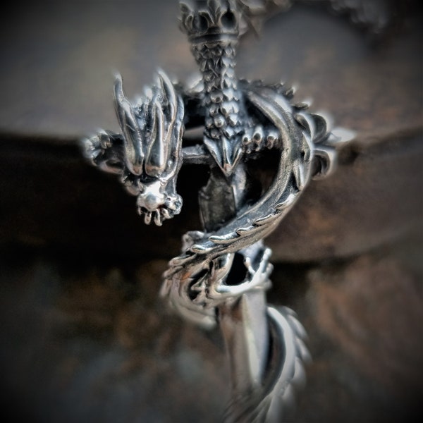 Heavy Dragons Wrapped Sword Necklace | Platinum Over Silver | Fast Shipping | Gift Box | Smaug Lord Of The Rings | Dragon and Sword Necklace