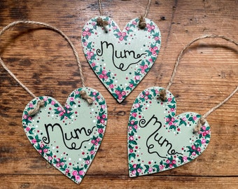 Mum Handmade Wooden Hanging Heart - Hand painted Flowers - Mothers Day - Birthday - Gift Idea - Keepsake - New Mum Gift