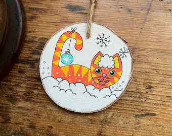 Handmade Cat Rustic Christmas Wooden Slice Tree Decoration - Unique Gift Idea - OOAK - Hand painted - Pet - Ginger Orange Cat - Upcycled Woo