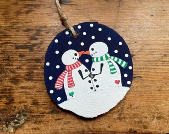 Handmade Snowman Rustic Christmas Wooden Slice Tree Decoration - Unique Gift Idea - OOAK - Hand painted - Pet - Couple Love - Upcycled Wood