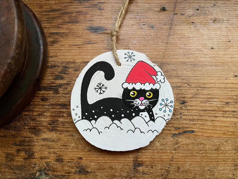 Handmade Cat Rustic Christmas Wooden Slice Tree Decoration Unique Gift Idea OOAK Hand painted Pet Black Cat Upcycled Wood image 2