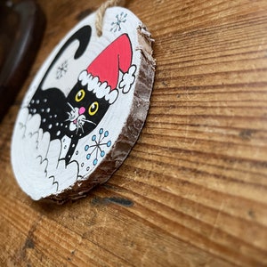 Handmade Cat Rustic Christmas Wooden Slice Tree Decoration Unique Gift Idea OOAK Hand painted Pet Black Cat Upcycled Wood image 5