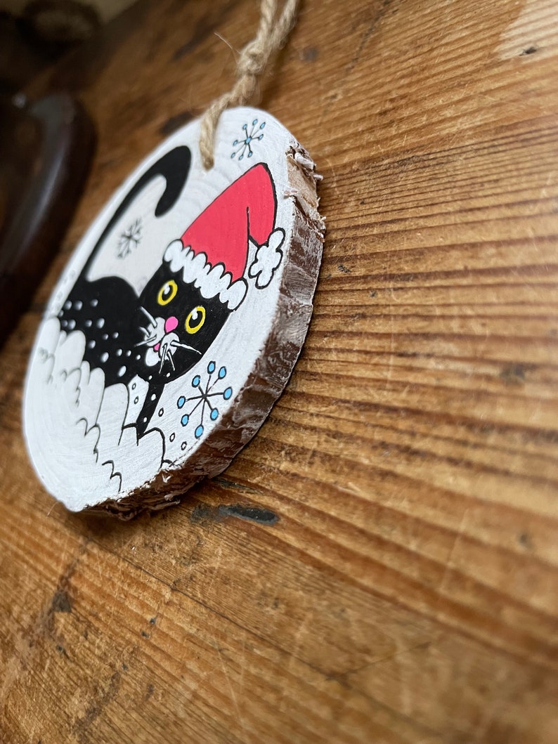 Handmade Cat Rustic Christmas Wooden Slice Tree Decoration Unique Gift Idea OOAK Hand painted Pet Black Cat Upcycled Wood image 5