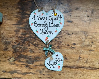 Spoilt Rabbit Lives Here Personalised Hanging Hearts - Bunny - Handmade Gift - Pet - Novelty Birthday Gifts - Keepsake