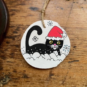 Handmade Cat Rustic Christmas Wooden Slice Tree Decoration Unique Gift Idea OOAK Hand painted Pet Black Cat Upcycled Wood image 1