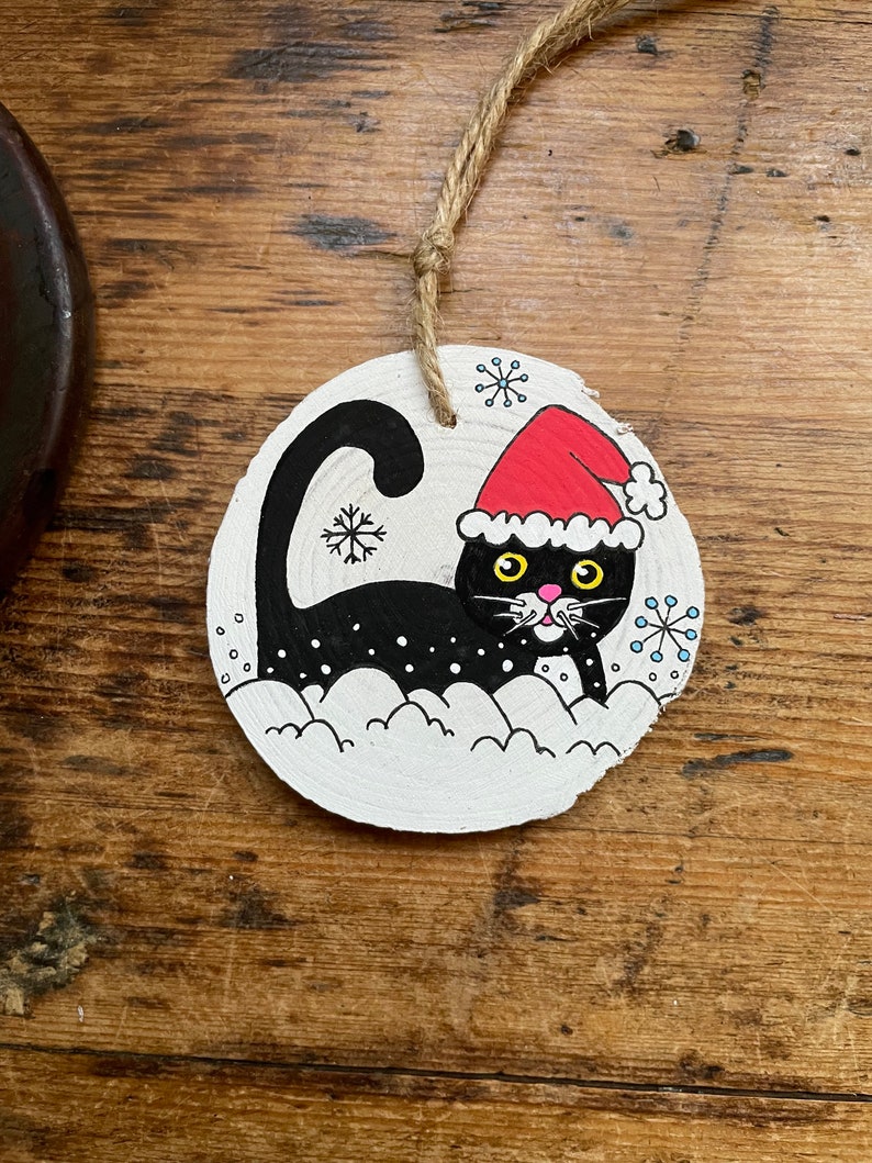 Handmade Cat Rustic Christmas Wooden Slice Tree Decoration Unique Gift Idea OOAK Hand painted Pet Black Cat Upcycled Wood image 1