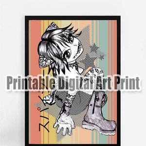 Printable Horror Anime Girl mix with Vintage Colors design, Digital Print File for computer and Phone background