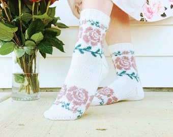 Rosie Socks/ Colorwork Sock Knitting Pattern/ Mid Calf Length Sock Heel Flap and Gusset/ Stranded Colors Rose Flower Spring Summer Sock