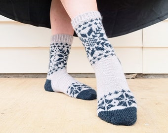 Shades of Winter Socks/ Fair Isle Snowflake Sock Pattern/ Stranded Colorwork Sock/ Mid Calf Cuff Down Sock German Short Row Heel