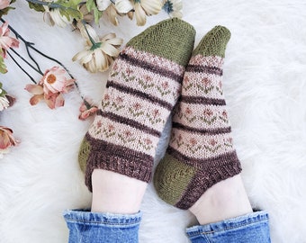 Colorwork Flower Socks/ Ankle Length Fair Isle Socks/ Knitting Pattern/ German Short Row Heel