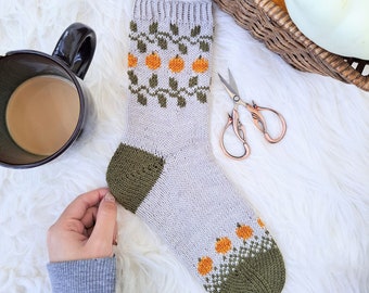 The Patch Socks/ Pumpkin Autumn Themed Knitting Pattern/ Mid Calf Colorwork Socks/ Stranded Knitting Fair Isle Sock Pattern/ Pumpkin Vine