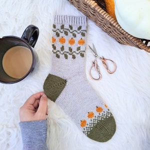 The Patch Socks/ Pumpkin Autumn Themed Knitting Pattern/ Mid Calf Colorwork Socks/ Stranded Knitting Fair Isle Sock Pattern/ Pumpkin Vine