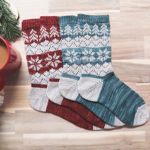 Colorwork Sock Knitting Pattern/ Snowflake and Tree Stranded Knitting/ Lace Sock Knitting Pattern/ Christmas and Winter Festive/ Arendelle image 1