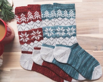 Colorwork Sock Knitting Pattern/ Snowflake and Tree Stranded Knitting/ Lace Sock Knitting Pattern/ Christmas and Winter Festive/ Arendelle