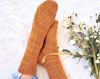 The Ada Socks/ Lace Sock Knitting Pattern Intermediate Level/ Lace and Cable Socks/ Mid-Calf Length/ Leaf Motif