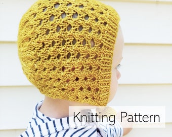 Knitting Pattern/ Bonnet Knitting Pattern Multiple Sizes/ Baby Bonnet/ Newborn Props/ DK Weight/ Lace Cap with Ties/ The Lewisville Bonnet
