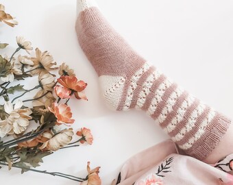 Knitting Pattern/ The Esther Socks/ Lace Calf-Length Sock Knitting Pattern/ Short Row Heel/ Intermediate Sock Pattern