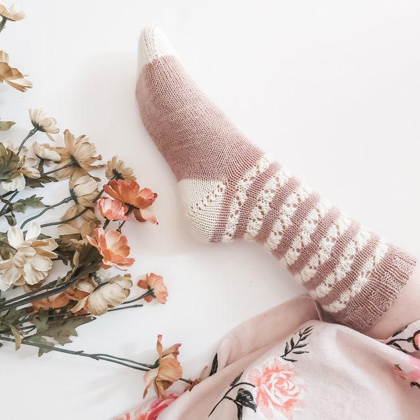 Knitting Pattern/ The Esther Socks/ Lace Calf-Length Sock Knitting Pattern/ Short Row Heel/ Intermediate Sock Pattern