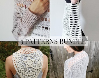 Crochet Garment Pattern Bundle/ Three Patterns PDF/ Sweater Pattern/ Cardigan Pattern/ Boho Vest Pattern/ Crochet Clothes Patterns/
