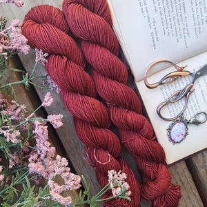 Ready to Ship Bright Haven- 50g Skein, Fingering Weight, Yak, Superwash Merino and Nylon Sock Yarn, Hand Indie Dyed Yarn, Dark Academia Red