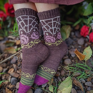 Haunted Fairy Tale Socks/ Mid Calf Knitting Pattern/ Halloween Themed Sock Pattern/ Dark Fantasy Socks/ Stranded Colorwork Sock Pattern