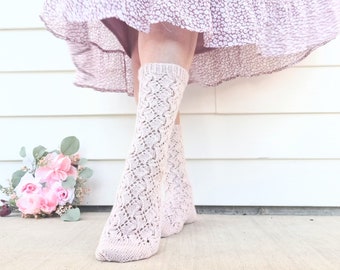 Persephone Socks/ Lace Sock Pattern/ Written Knitting Pattern with Chart/ Mid Calf Length Ribbing Detail