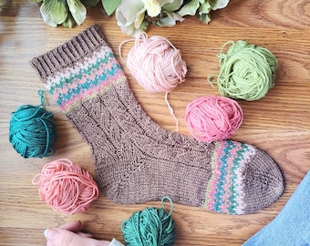 Knitting Pattern/ I Have Confidence Socks/ Faux Cable Socks with Stranded Colorwork Mid Calf Socks with Short Row Heel/ Sock Pattern