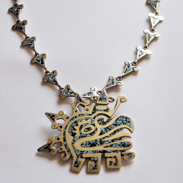 Mid-Century Pre-Columbian Motif Sterling + Turquoise  Eagle Pendant Necklace + Brooch, 1950's Mexico