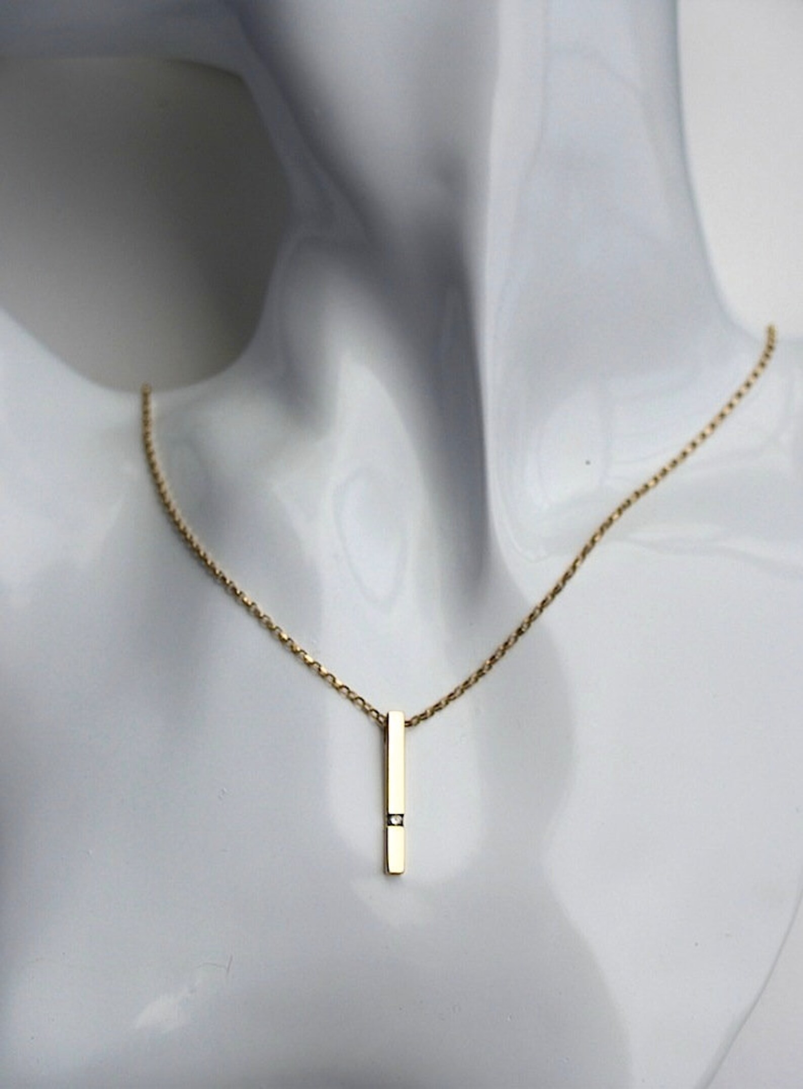 9K Yellow Gold Diamond Vertical Bar Pendant 16 Necklace Etsy
