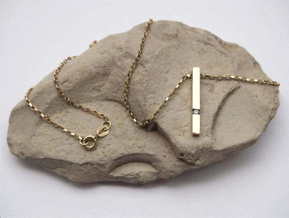 9K Yellow Gold Diamond Vertical Bar Pendant 16 Necklace Etsy
