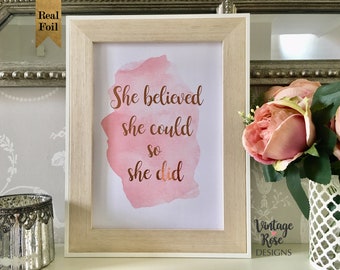 Pink Watercolour Print, Rose Gold Quote, She Believed She Could So She Did, Nursery Wall Print, Pale Pink Watercolour Splash, Girls Bedroom