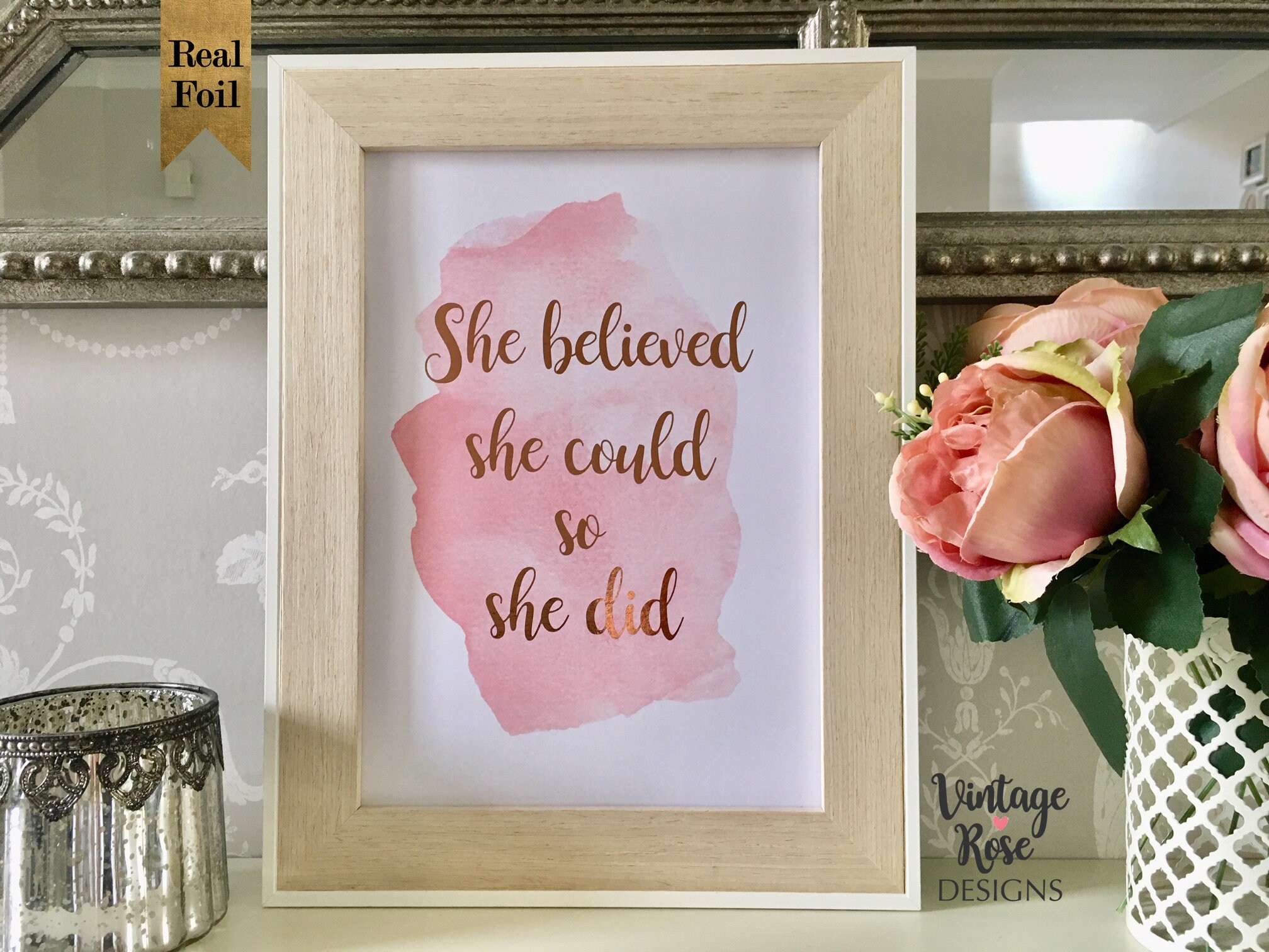 Pink Watercolour Print Rose Gold Quote She Believed She Etsy