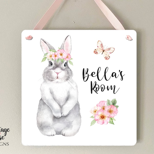 Personalised Girls Door Sign, Bunny Room Sign, Cute Bunny Rabbit, Butterfly Art, Gift for Girls, Name Sign,  Nursery Name Sign