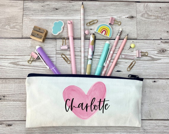 Girls Personalised Pencil Case, Pink Heart Stationary, Watercolour