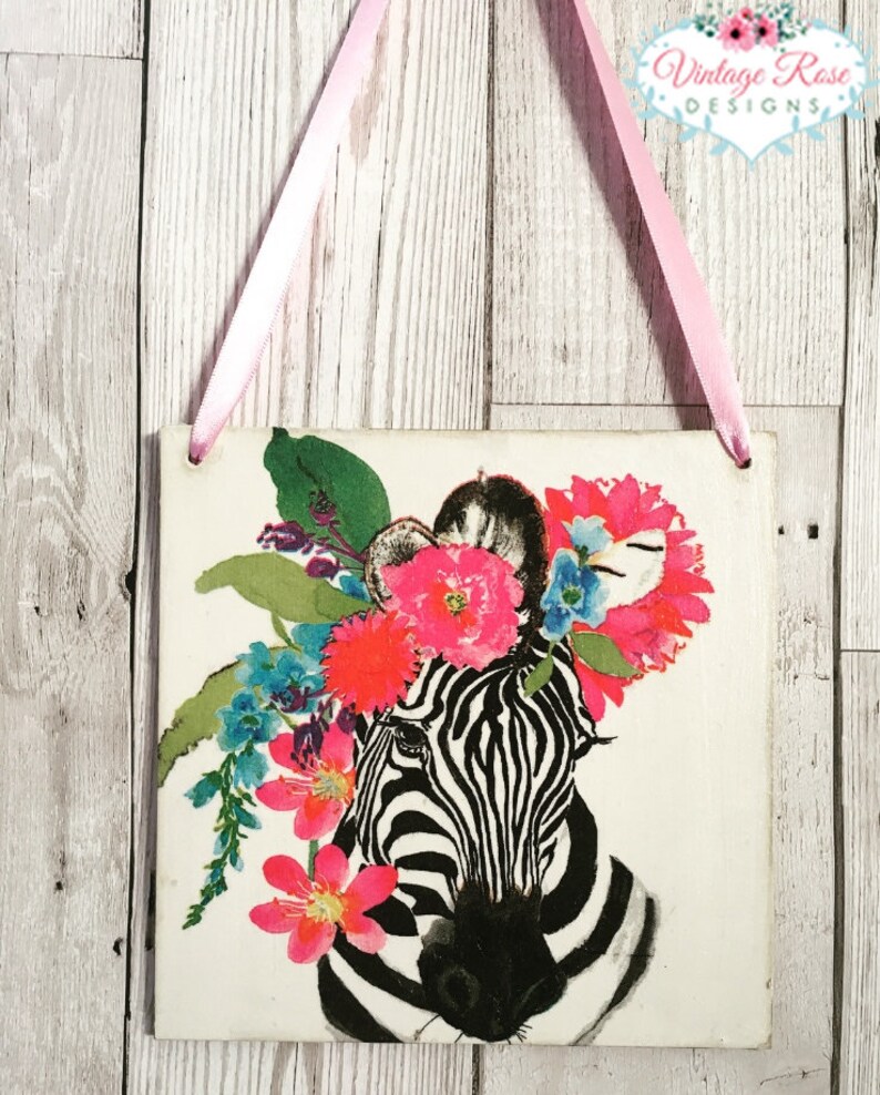 Zebra Wall Hanging Plaque Cute Zebra With Flowers Wooden Wall Etsy