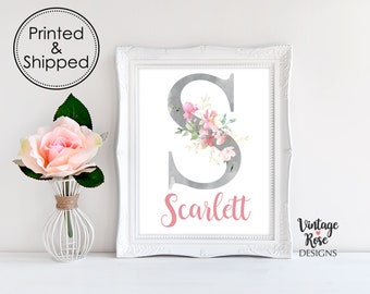 Grey and Pink Nursery Decor, Personalised Initial Wall Art, A3 Girls Print, Girls Bedroom Decor, Gray Pink Watercolour Flowers, Baby Gift