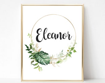 DIGITAL Printable, Personalised Tropical Nursery Print, Tropical Leaves, Green Leaves, Tropical Theme Decor, Personalised Nursery Prints