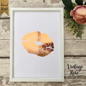 Kiss Lips Rose Gold Foil Print, Beauty Wall Art, Glamorous Bedroom Wall, Make Up Decor, Valentines Gift, Rose Gold Decor, Glam Print