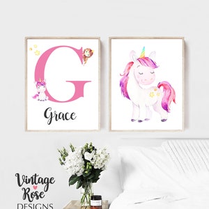 Set of Prints, Rainbow Unicorn Wall Art, Girls Unicorn Gift, Set of Nursery Prints, Personalised Name Art, Gift for New Baby