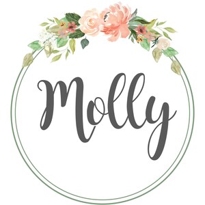 May include: A green wreath with pink and white flowers surrounds a circle with the name "Molly" written in black script.