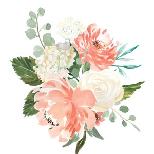 May include: A watercolor painting of a bouquet of flowers. The bouquet includes peach and white roses, white hydrangeas, and green foliage.