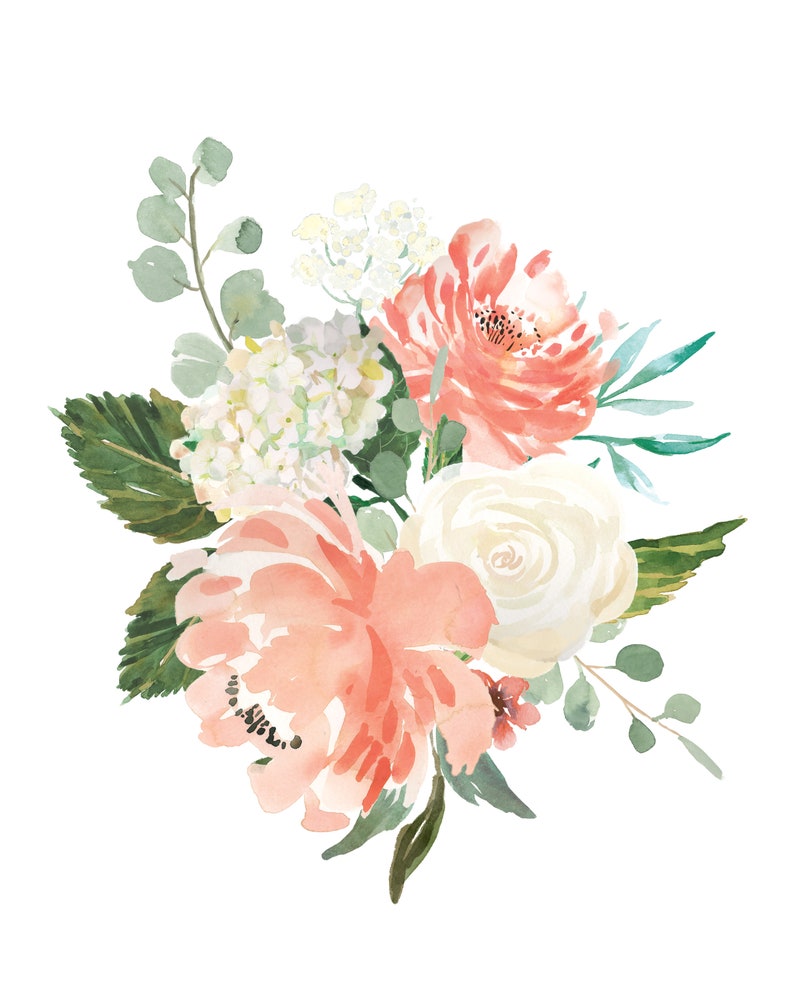 May include: A watercolor painting of a bouquet of flowers. The bouquet includes peach and white roses, white hydrangeas, and green foliage.