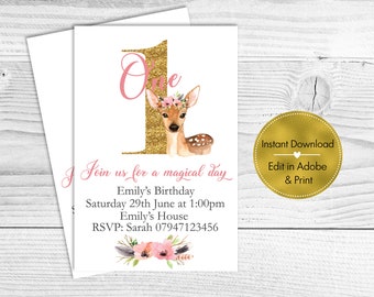 Girls First Birthday Invitation, Woodland Animal Party Invitation, Baby Deer, Girls Birthday Party Invite, DIY Invitations, Pink and Gold