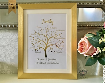 Puede incluir: Una impresión enmarcada en dorado con un diseño de árbol genealógico en pan de oro. El árbol tiene ramas con nombres escritos en ellas, incluyendo Peter, Karen, Chris, Joseph, Daniel, Janet, Catherine, Jonathan, Emily y Charlie. El texto debajo del árbol dice "50 años, 2 hijas, 4 maravillosos nietos".