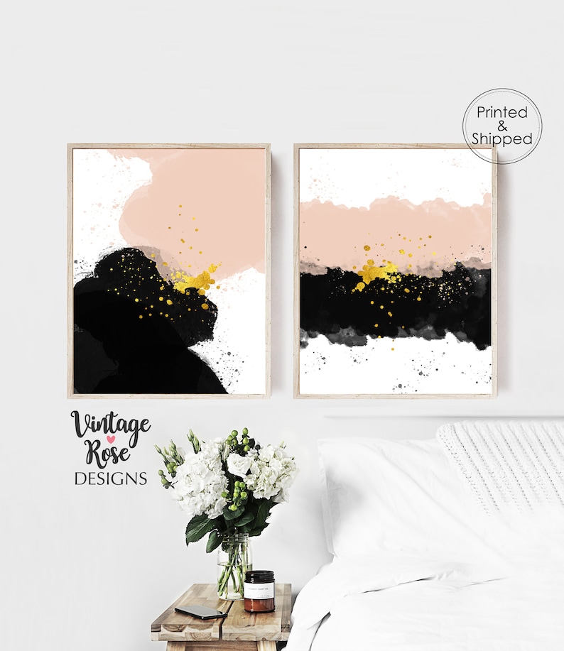 Pink Black and Gold Wall Art Abstract Art Pink and Black Etsy