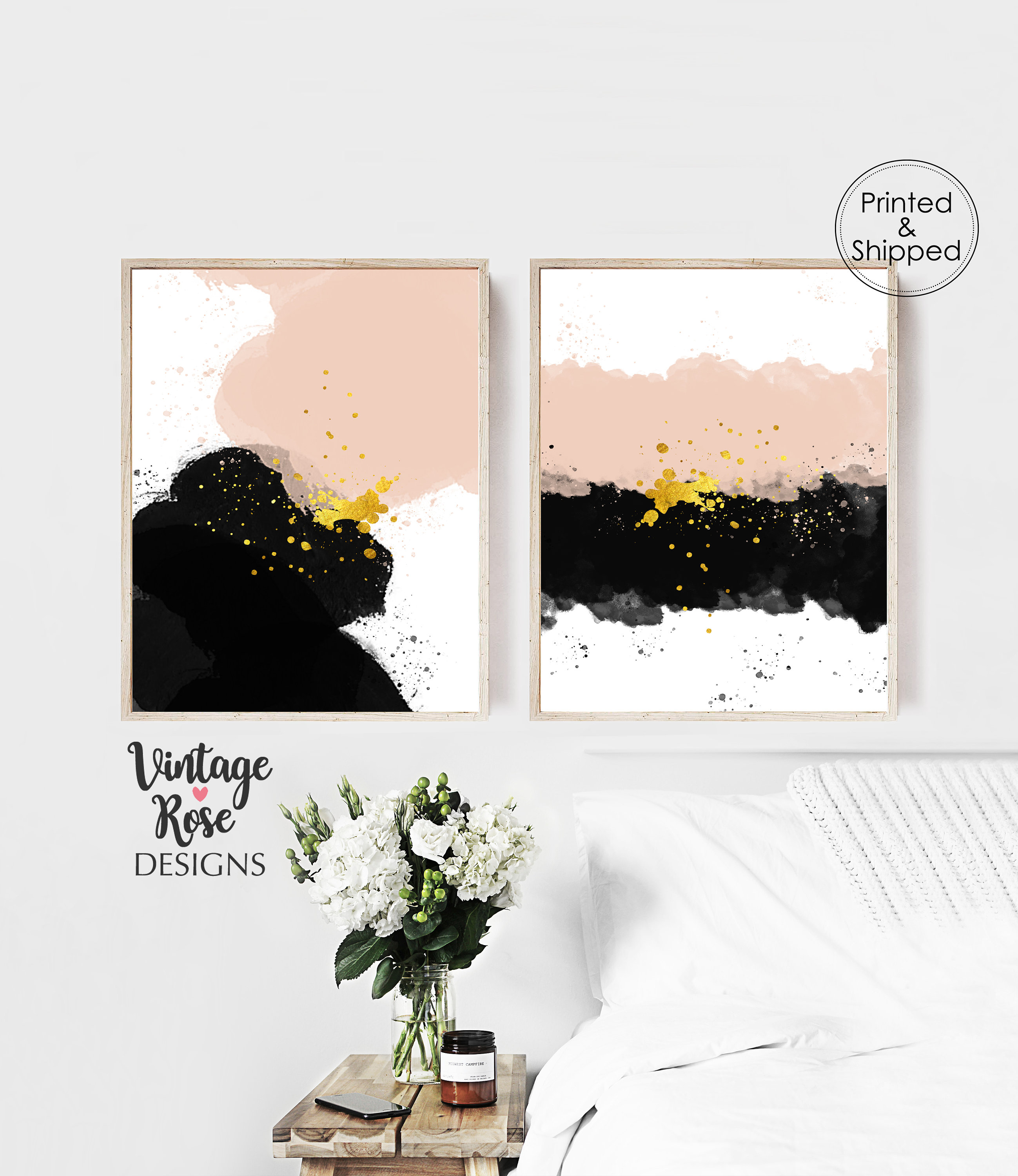 Pink Black and Gold Wall Art Abstract Art Pink and Black Etsy