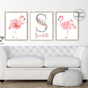 Set of 3 Nursery Prints, Flamingo Decor, Pink and Grey Decor, Flamingo Prints, Pink Flowers Print, Personalised Nursery Prints, Pink Nursery