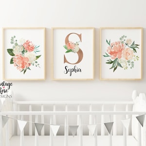 Set of 3 Nursery Printables, DIGITAL PRINTS, Rose Gold Room, Watercolour Flowers, Peach Dream, Girls Room Wall Art, Nursery Decor